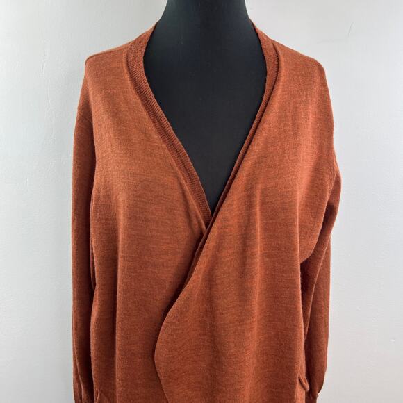 EILEEN FISHER Rust Wool Open Front Cardigan Wrap Pocket Long Sleeve Sweater M? - Picture 2 of 9